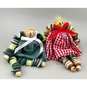 Vtg 2pc Pair Button Baby Spool Doll Shelf Sitter Figure Gingham Red Green Crafts